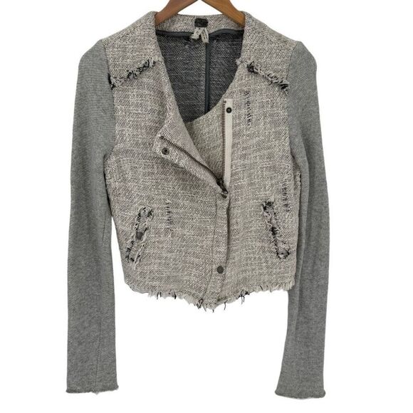 We The Free Tweed Moto Jacket Frayed Hem Asymmetrical Women 6 Grey Cream - Picture 1 of 8